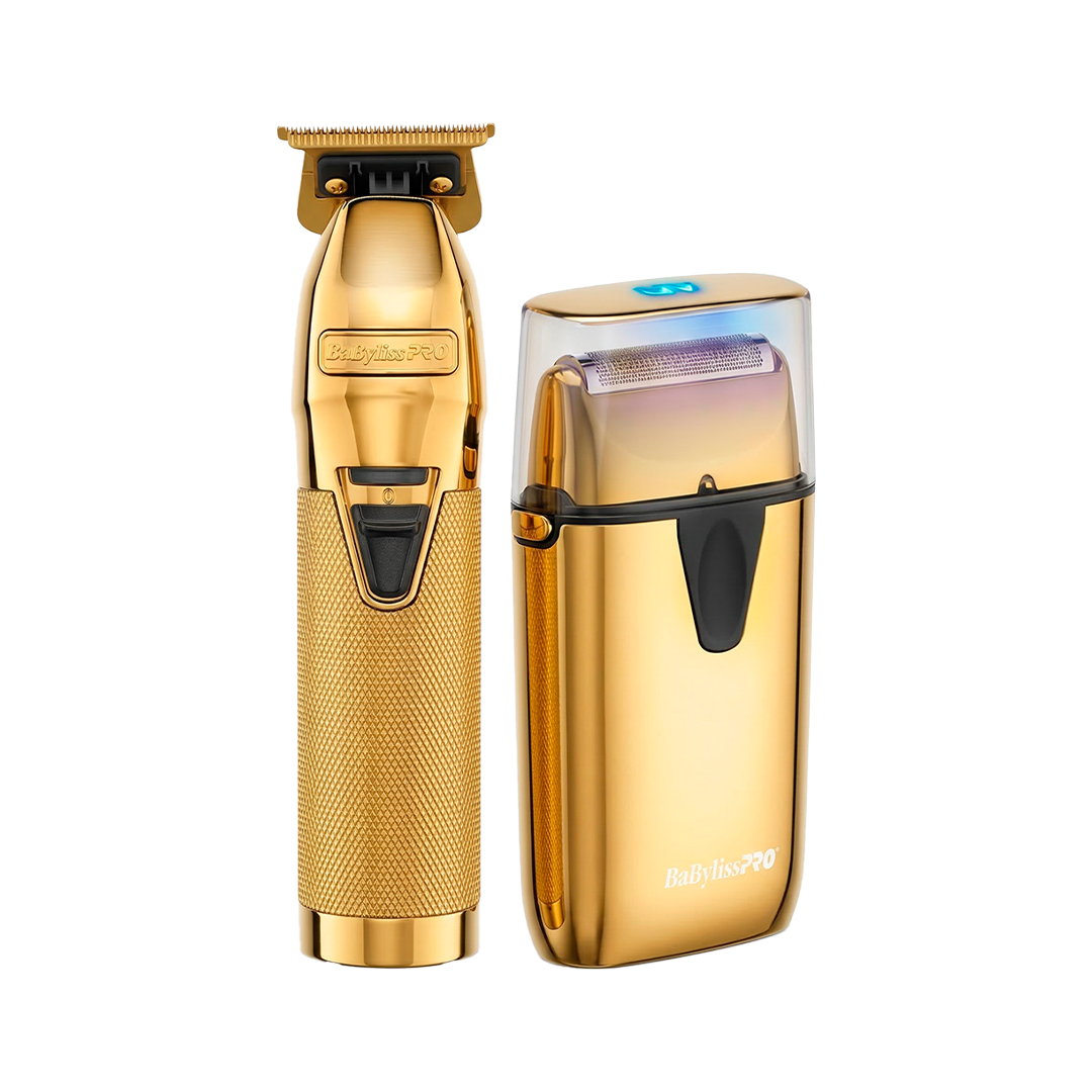 Combo de Trimmer y Shaver UV Foil Babyliss color dorado.